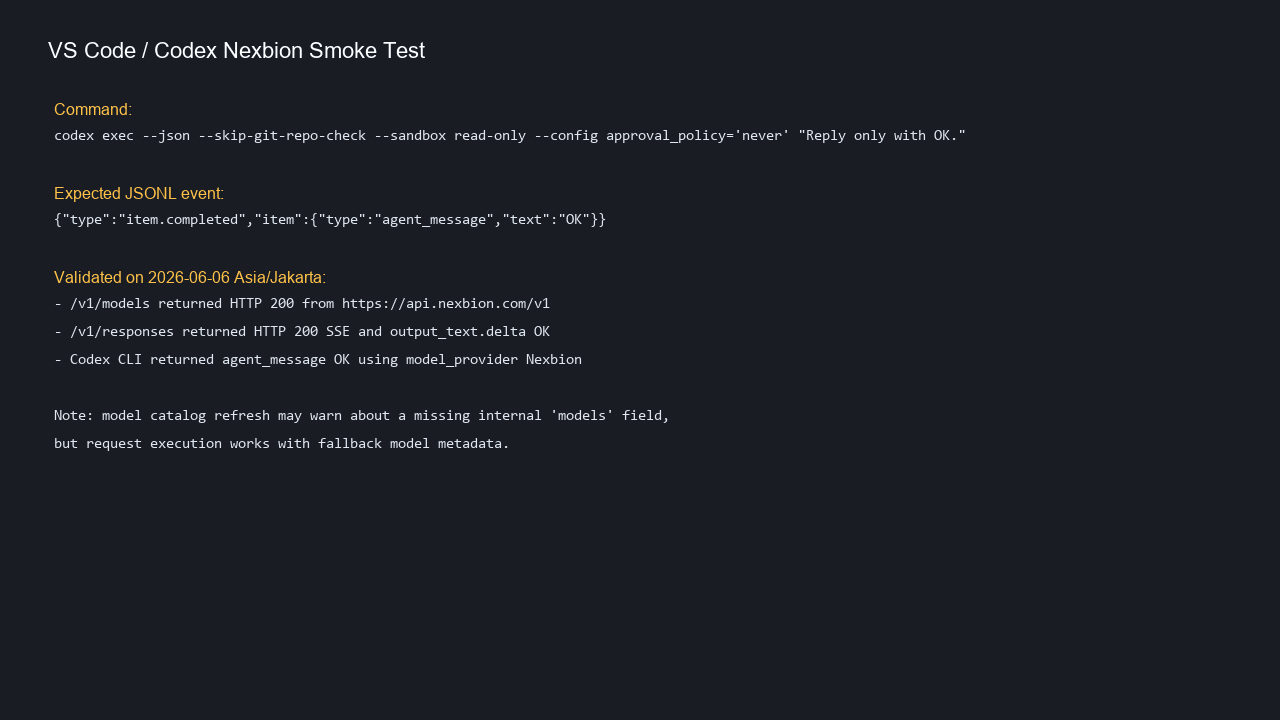 Codex and Nexbion API smoke-test evidence