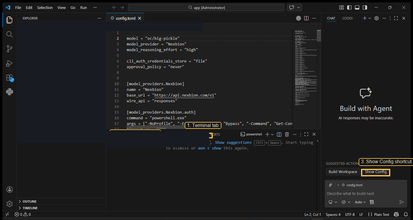 Visual Studio Code terminal for validation